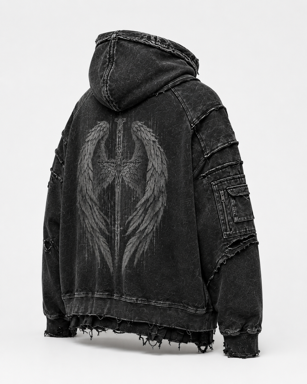 NORDCTRL DESCEND Hoodie charcoal black – back view, cargo pocket and D-ring hardware detail, Drop 001 Nordic streetwear