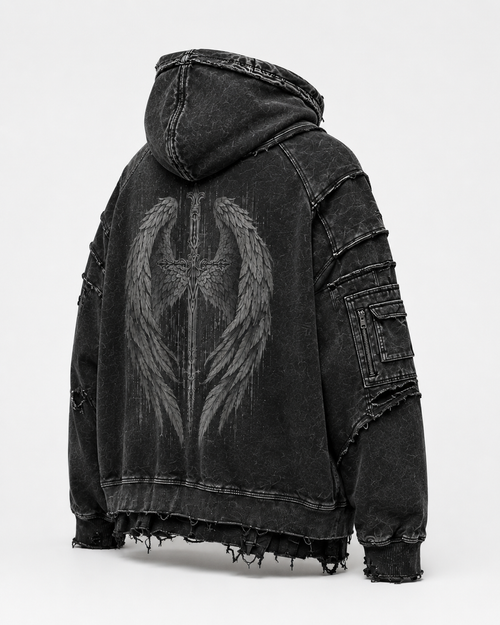 NORDCTRL DESCEND Hoodie charcoal black – back view, cargo pocket and D-ring hardware detail, Drop 001 Nordic streetwear