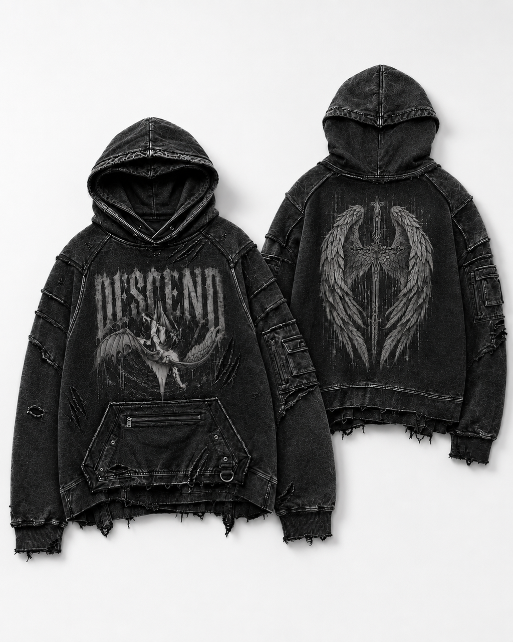 NORDCTRL DESCEND Hoodie charcoal black – front and back display, DESCEND graphic and wing motif, Drop 001 Nordic streetwear