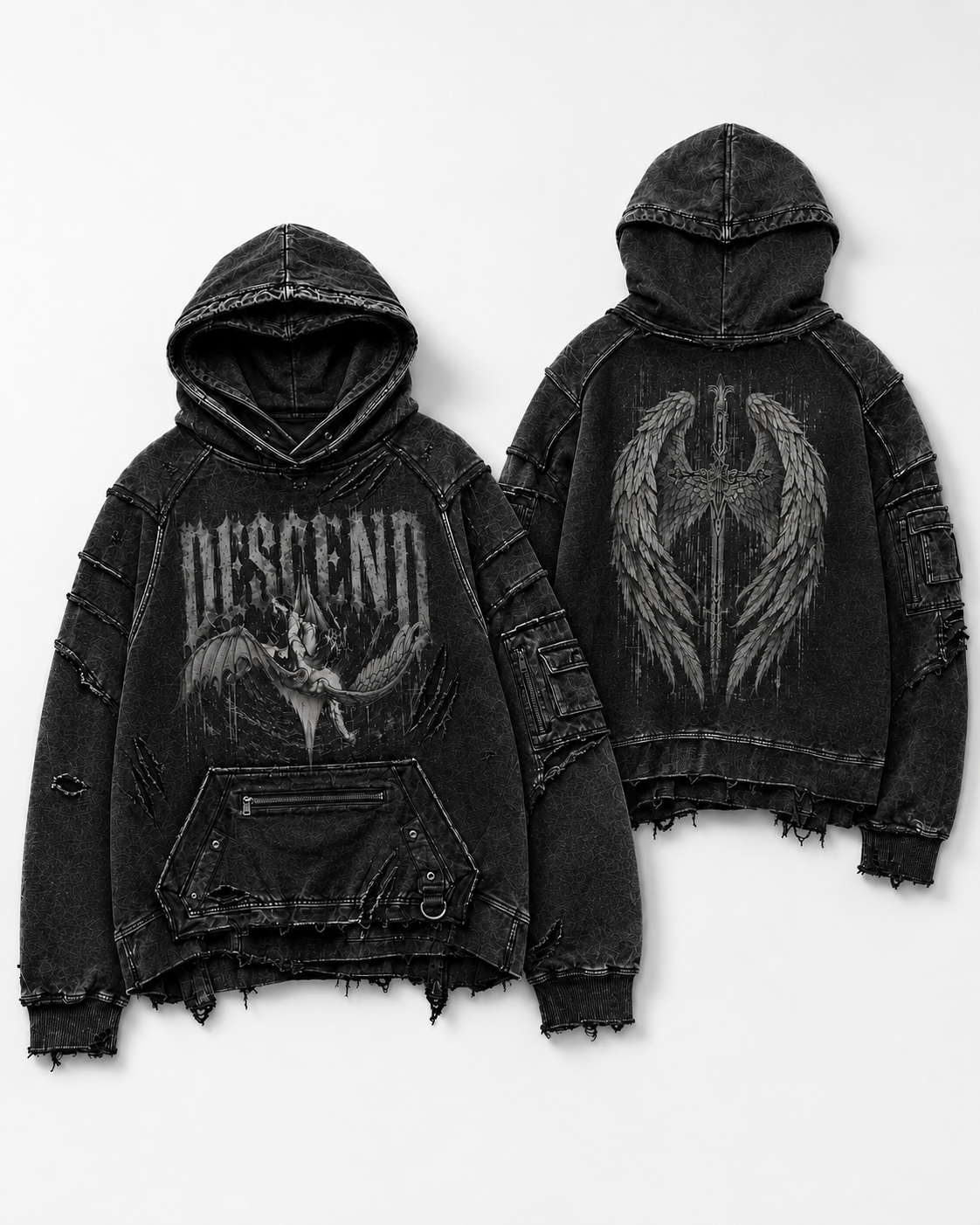 NORDCTRL DESCEND Hoodie charcoal black – front and back display, DESCEND graphic and wing motif, Drop 001 Nordic streetwear