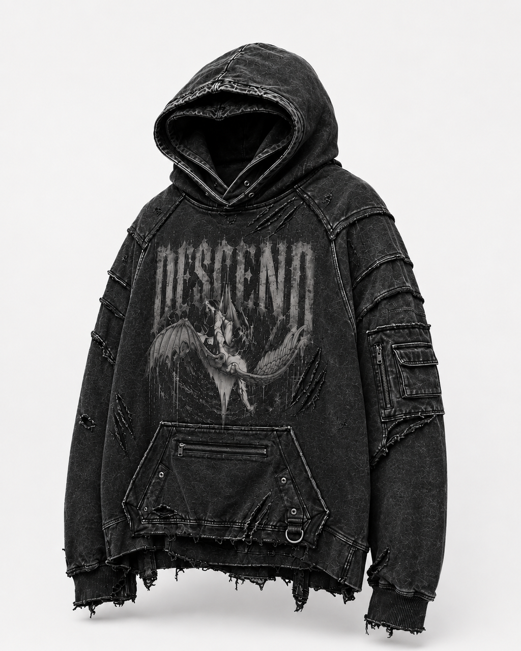 NORDCTRL DESCEND Hoodie charcoal black – front view, 480gsm oversized French terry, Drop 001 limited to 50 units