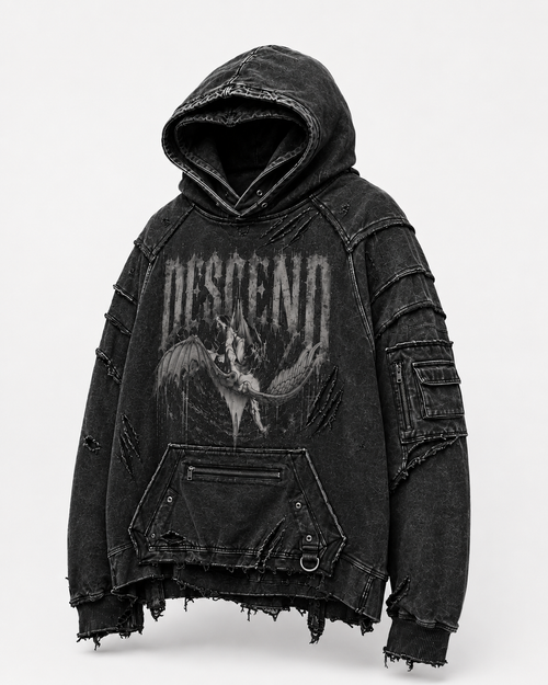 NORDCTRL DESCEND Hoodie charcoal black – front view, 480gsm oversized French terry, Drop 001 limited to 50 units